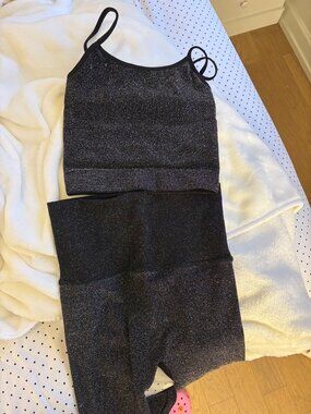 Bandier Black Shimmer Crop Tank and High-Waist Shorts Set
